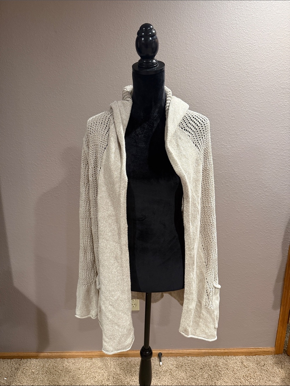 Eddie Bauer Cream Open-Front Hooded Knit Cardigan